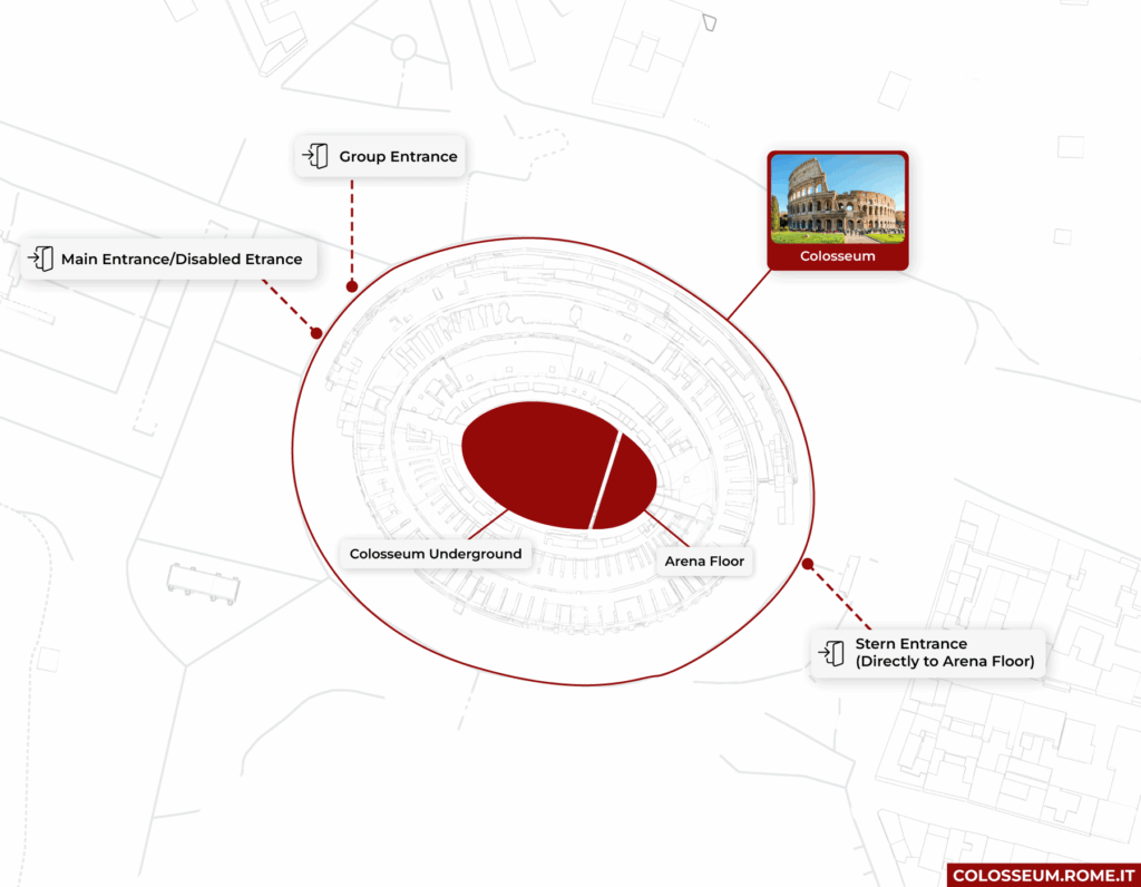 Colosseum entrance map with labeled access points.