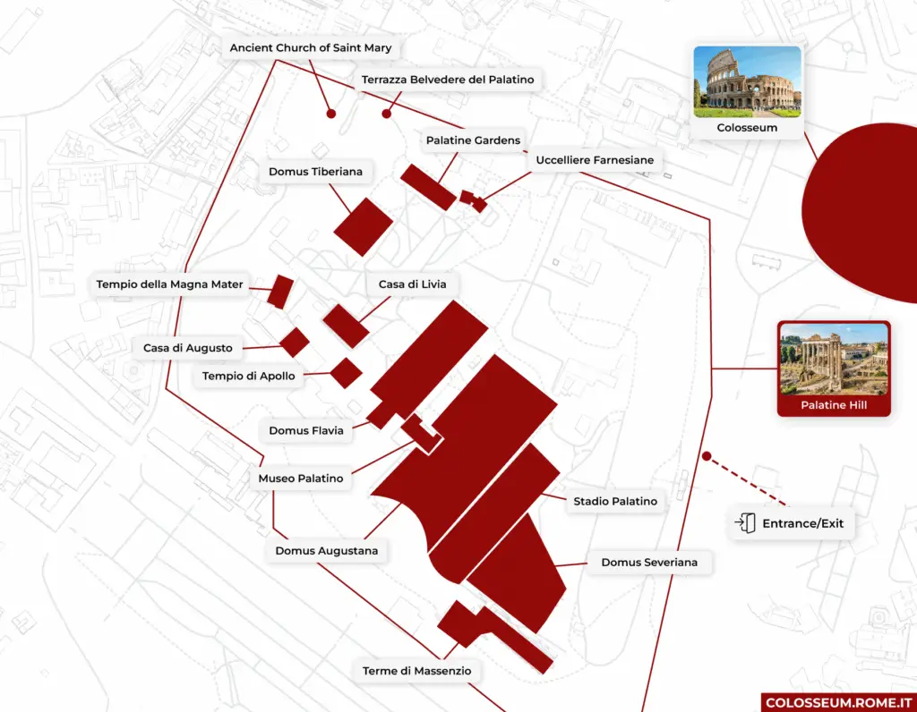 Map of Palatine Hill landmarks and entrance.