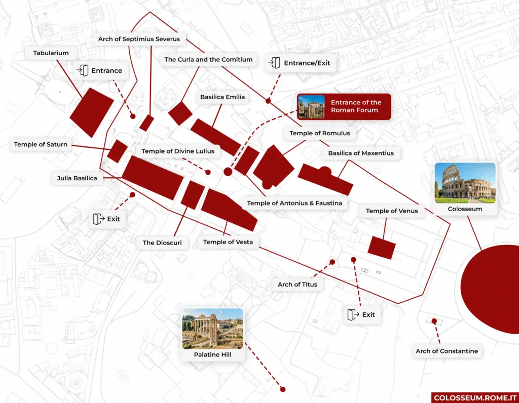 Map of Roman Forum and surrounding landmarks.